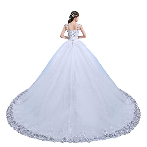 Brautkleider Hochzeitskleider Prinzessin A-Linie Lang Brautmode Glitzer Spitzen Strand Brautkleid mit Perlen Elegant Bodenlang Brautkleider mit Schnürung,Weiß1,XL