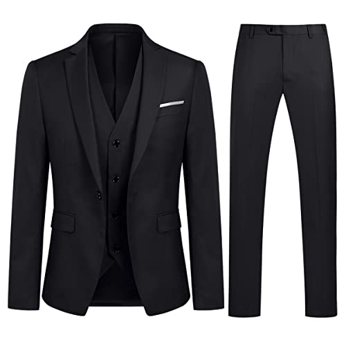 Allthemen Anzug Herren Slim Fit 3 Teilig Anzüge Modern Herrenanzug 3-Teilig Sakko Hose Weste für Business Hochzeit Schwarz L