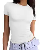 TrendiMax Damen T-Shirt Slim Fit Y2K Oberteile Sexy Cropped Sommer Tops Basic Tee Rundhals Crop Top Einfarbig Kurzarm T Shirt (M, Weiß)