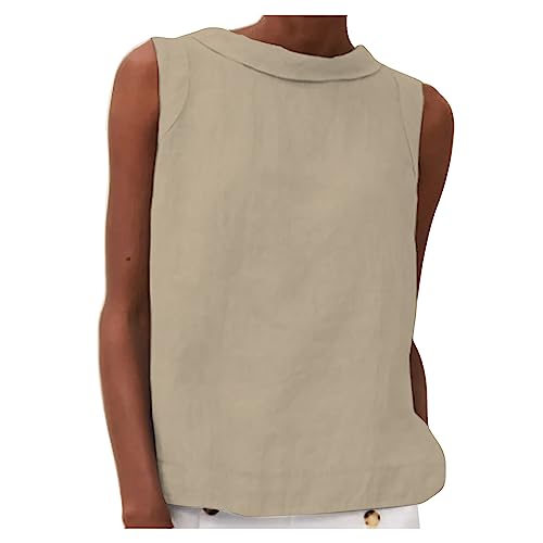 Baumwoll-Leinen-Oberteil für Damen, ärmellos, Basic-Sommer-Tank-Top, lässiger Rundhalsausschnitt, lockere Passform, bequemes T-Shirt Damen-Tanktop aus Leinen, einfarbig, großer fallender Kragen