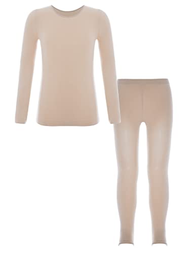 Agoky Mädchen Thermo Unterwäsche Set Langarm Shirt und Lange Unterhose Ballett Tanz Training Kleidung Zweiteiler Sport Outfits A Nude 134-140