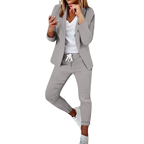 Damen-Anzüge und Blazer, einfarbig, 2-teiliges Outfit, vorne offen, Revers, langärmelig, Blazer-Jacken und Kordelzug-Anzughose, normale Passform, Herbst, Winter, Co, Ord, Sets, Büro, Sport, elegante