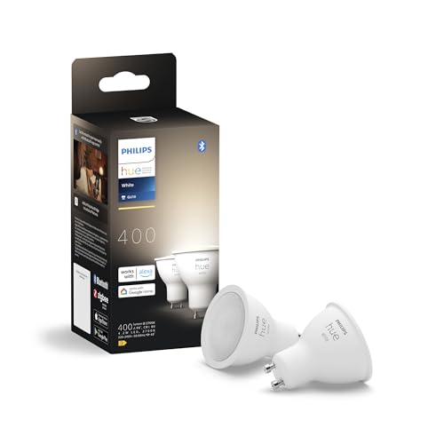 Philips Hue GU10 smarte Lampe, dimmbares warmweißes Licht, 2er-Pack, Bluetooth kompatibel, Sprachsteuerung mit Alexa, Apple Home und Google, Weiß