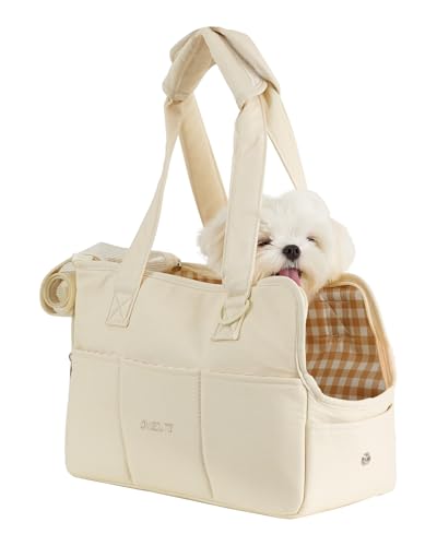 ONECUTE Hundetrage für kleine Hunde Kaninchen Katze mit großen Taschen, Baumwolltasche, Hundetrage Soft Sided, zusammenklappbar Travel Puppy Carrier (Beige, 34 * 16 * 25 cm)