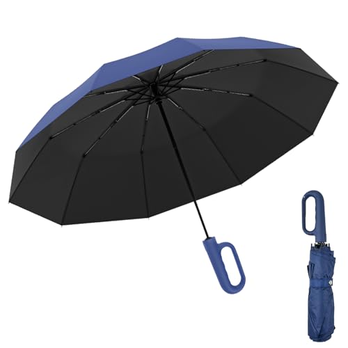 ADERTOS Regenschirm Automatik Auf und Zu 126cm Spannweite Taschenschirm Größer Faltender Sturmschirm mit 10 Rippen Sonnenschirm Faltbarschirm mit Schnallengriff zum Umhängen für Männer Frauen Blau