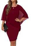 QIXING Damen Chiffon Cape Cocktialkleid Rundhals Ausschnitt Bleistiftkleid Sommerkleid Damen Knielang Elegant Abendkleid Mit Overlay Casual Bodycon Kleider (Weinrot, L)