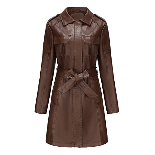 TOKYMOON Lederjacke Damen Lang Elegant Trenchcoat Damen Ledermantel Reverskragen Reißverschluss Einfarbige Kunstleder Übergangsjacke Langarm PU Leder Jacke Windjacke Lederjacke Kaffee 1 3XL