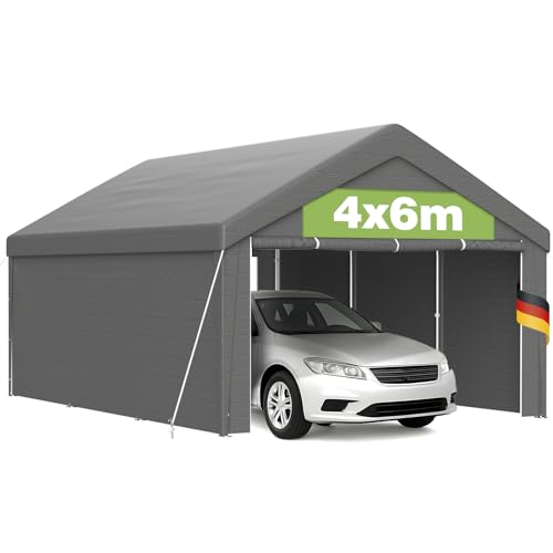 Carport 4x6m mit PE Plane, wasserdicht, UV-beständig, stabilem Metallrahmen, Bodenrahmen, Dachverstärkung, abnehmbare Seitenwände – Unterstand für Auto, Boot, Lagerung von Waren, Schuppen – Grau