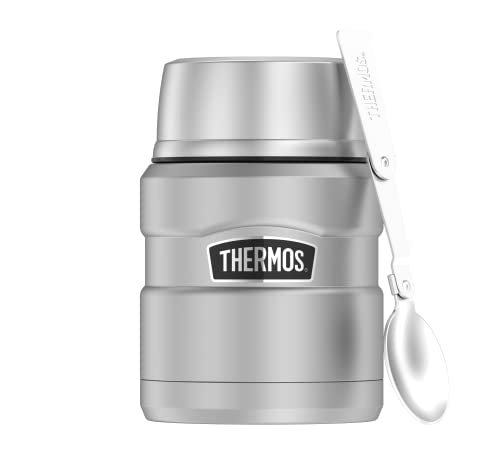 Thermos STAINLESS KING FOOD JAR 470 ml, stainless steel mat, Thermosbehälter aus Edelstahl mit Löffel, 9 h heiß / 14 h kalt, absolut dicht für Suppe, Müsli, Eintopf