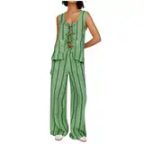 Damen Zweiteiliges Hosen-Outfit mit Bindeband vorne, gestreift, vorne offen, Weste, Oberteil und weiten Hosen, Ausgeh-Set Overall Damen Kuschelig (Green, M)