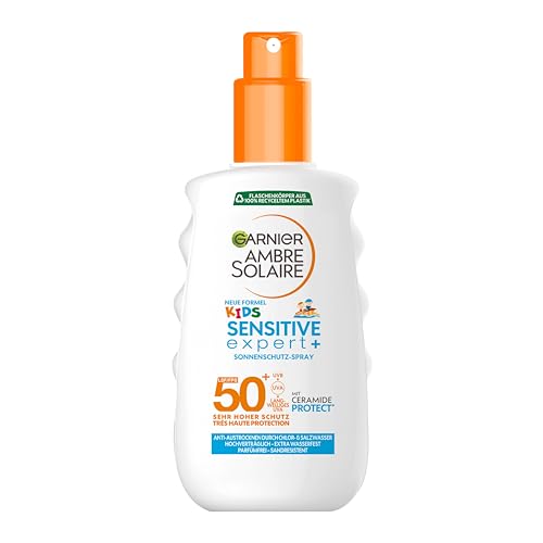 Garnier Sonnencreme LSF 50+ für Kinder, Wasserfest und resistent gegen Sand, Ambre Solaire Kids Sensitive expert+ Sonnenschutzspray, 1 x 150 ml