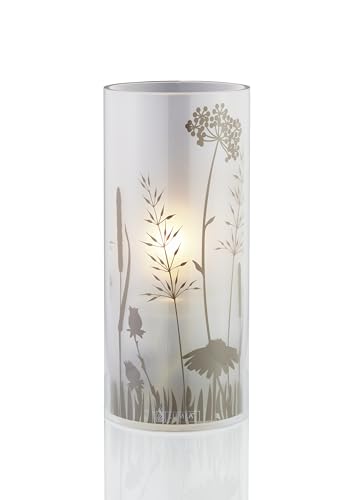 Lumea 1077 Tischlicht Blossom weiß | Windlicht aus hochwertigem transparentem Acryl inkl. Flüssigwachskerze | Windlicht mit Blumen | Indoor geeignet, Höhe: 18 cm