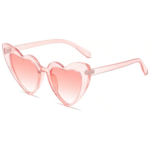 JCTAIFOO Liebe Herz geformte Sonnenbrille für Damen Vintage Cat Eye Retro Nette Mod Stil Hippie Party Brille (Glitzerndes Rosa/Rosa)
