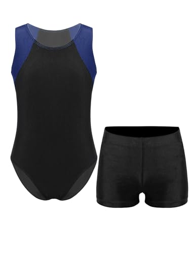 iEFiEL Jungen Turnanzug Tanzbekleidung Set Zweiteiler Gymnastikanzug Ärmellose Tanztrikot Leotard und Sport Shorts Marineblau und Schwarz 158-164