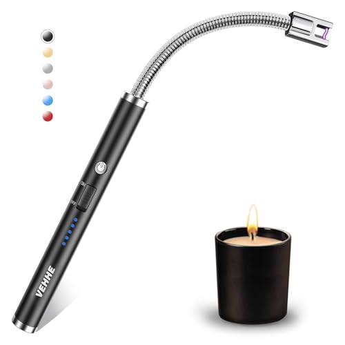 VEHHE Lichtbogen Feuerzeug Elektrisch, USB Aufladbares Elektro LED-Display Stabfeuerzeug Langer Flexibler Hals Geeignet für Küche,Kerzen,Gasherde,Grill Schwarz