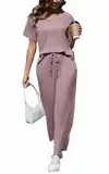 CheChury Zweiteiler Damen Lounge Set Rundhals Einfarbig Loungewear Gerippt Shirt Top Jogginghose Sets Kurzarm mit Hose 2-Teiliges Hausanzug Jogginganzug Sporthose Sleepwear Freizeit Outfit
