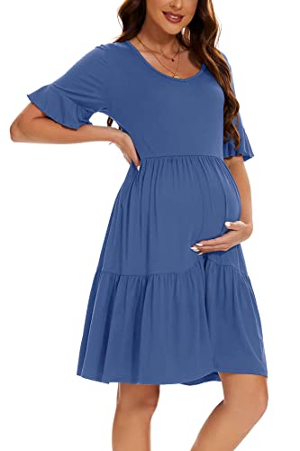 Smallshow Damen Umstandskleid Kurzarm Sommer Schwangerschafts Umstandsmode Kleid Grey Blue M