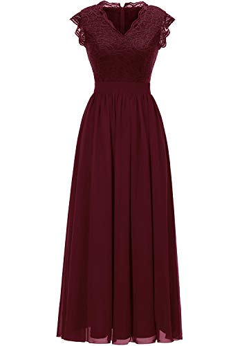 Dressystar Damen Abendkleid Elegant Lang Hochzeit Spitze Chiffon Brautjungfer Kleider Cocktailkleid Ballkleider Burgunderrot L