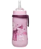 NIP Strohhalmbecher Straw Cup ab 1 Jahr, auslaufsichere Kindertrinkflasche mit Clip, Sauger und Trinkhalm einfach zu reinigen, leicht und unzerbrechlich, Tiermotiv Giraffe, Rosa