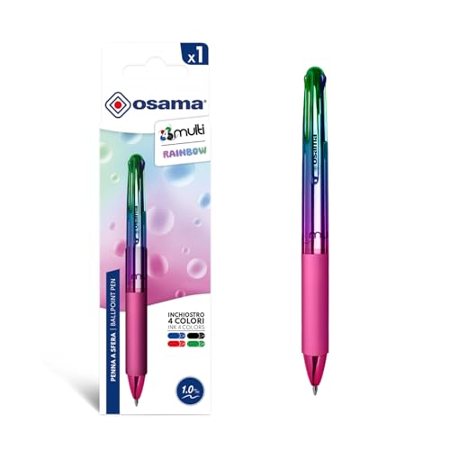 OSAMA 4 Multi Rainbow Kugelschreiber, mehrfarbig, 1,0 mm, 1 Stück, bunte Stifte 4 personalisierte Regenbogenfarben Tinte Schwarz Blau Rot und Grün, Schreibwaren Schule Büro Universität und