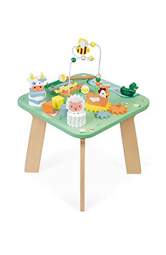 Janod - Activity Tisch ‘Jolie Prairie’ - Holz Spieltisch mit 7 Aktivitäten - Multi-Activity Holztisch mit Tiermotiven - Motorik Entwicklung und Musikalische Früherziehung - Ab 12 Monaten, J05327