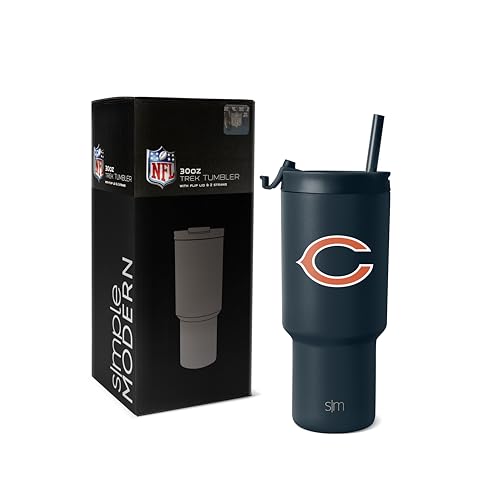 Simple Modern Offiziell lizenzierter NFL Chicago Bears Becher mit Klappdeckel und Strohhalmen, isolierter Becher aus Edelstahl, Geschenke für Männer und Frauen, Trek Collection, Chicago Bears