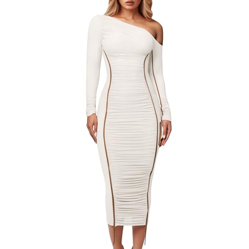 Damenkleid mit hoher Taille, transparenten Langen Ärmeln asymmetrischem Ausschnitt, Elegantes Partykleid Schöne Kleider (White, L)