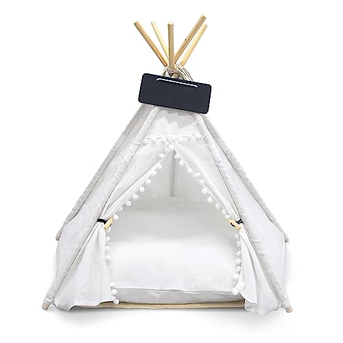 Tipi Zelt für Haustiere, 50x50x60 cm, Hundezelt Katzenzelt abnehmbar waschbar, Katzenhöhle Hundehöhle, Hundehütte Indoor, Hundehaus Katzenhaus mit Kissen, weiß für Haustiere unter 15 kg