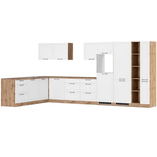 Lomadox Winkelküche Küche Einbauküche Küchenzeile L-Form 420/240 cm in weiß und Eiche, Arbeitsplatte in Eiche