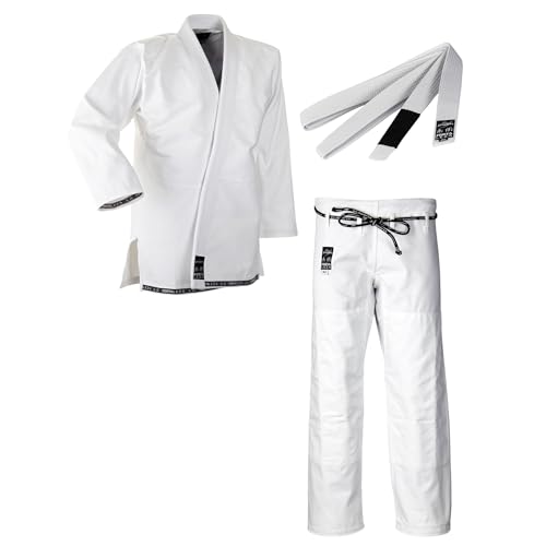Ju-Sports BJJ Starter Gi Fortaleza Weiß + BJJ Gürtel Weiß A4 I Leichter & solider Brazilian Jujutsu Anzug für Einsteiger I BJJ Gi Herren I 100% Baumwolle