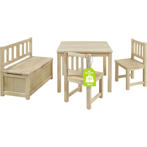 Bomi Kindersitzgruppe Anna mit integrierter Spielzeugkiste | Kinderzimmer-Set inkl. Kindertisch mit 2 Stühlen & Kindertruhenbank | Kindermöbel aus FSC nachhaltigem Kiefern Massiv Holz | Naturbelassen