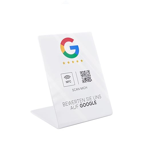 Google Bewertung NFC Aufsteller, Acryl, 110 x 150 mm, fertig eingerichtet, mit NFC und QR-Code für einfache Kundenbewertungen (Weiß)