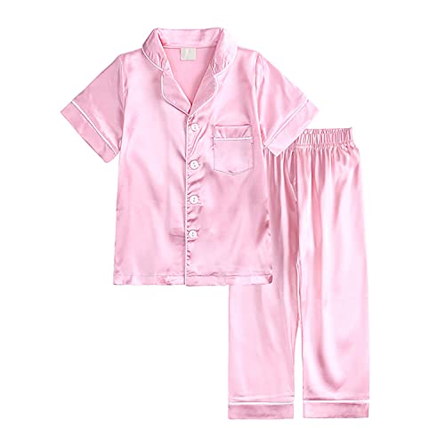 Verve Jelly Satin-Pyjama-Set für Kinder Kleinkinder Babys Mädchen und Jungen kurzärmlig Button-Down-Pyjama Hemd Oberteil + Hose Hose Nachtwäsche Outfits 150 Stil A Rosa 10–11 Jahre