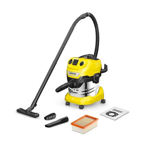 Kärcher WD 4 P S V-20/5/22 Nass-& Trockensauger, 20 l Edelstahlbehälter, 1000 W, 5 m Kabel, 2,2 m Saugschlauch, mit Gerätesteckdose, Clips-Bodendüse, „Pull & Push“-Verschlusssystem, Gelb