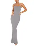 REORIA Damen Sexy Lounge Slip Langes Kleid Elegantes Hochzeitsgast ärmelloses rückenfreies Geripptes figurbetontes Maxikleid Hellgrau M