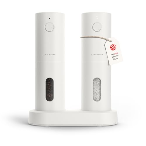 LARS NYSØM Salz und Pfeffer Mühle Elektrisch 2er Set mit einstellbarem Keramik-Mahlwerk von grob bis fein I Design Gewürzmühlenset Automatisch (2 Stück) (Pure White)
