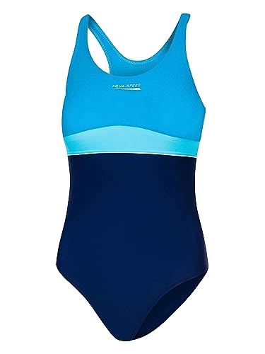 Aqua Speed einteiliger Badeanzug für Mädchen 8/10 Jahre | Schwimmanzug blau türkis | Badebekleidung | Swimwear Kids Girls mit UV-Schutz | 42 Navy - Turquoise - Light Turquise | Emily