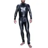 Moinha Herren Wetlook Catsuit Sexy Lackleder Body Jumpsuit Eng Männerbody Erotische Ganzkörper Anzug Trikot Leotards mit Reißverschluss Lederoptik Unterhemd Party Nachtclub Kostüm Bodysuit