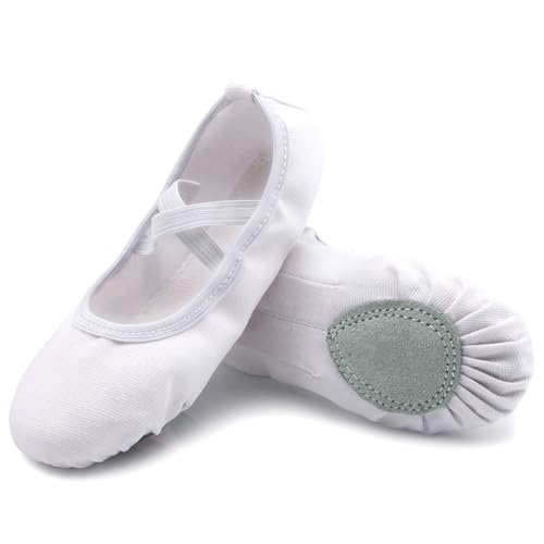 Nzcm Leinwand Ballettschuhe Mädchen mit Geteilter Ledersohle Flache Verstellbar Ballett Schläppchen Kinder Leicht Weich Ballerinas Tanz Gymnastik Schuhe, 28 EU, Weiß