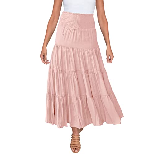 2025 Damen-Sommer, elastisch, hohe Taille, Boho-Maxirock, Kordelzug, A-Linie, Langer Rock Schwarzer Stoff (XL)