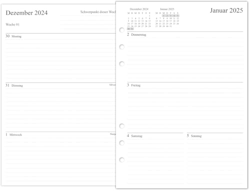 newestor 2025 Wochenplaner Einlage A5, 1 Woche auf 2 Seiten, Kompatibel mit Filofax A5 Organiser