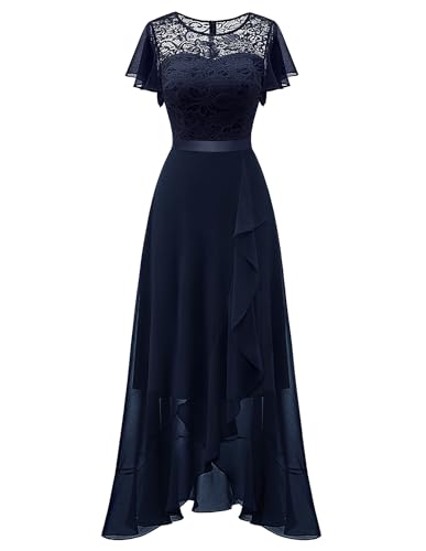 Berylove Langes Abendkleid Damen Vokuhila Kleid Kurzarm Langes Kleid Damen Elegant für Hochzeit BLP7051 Navy L