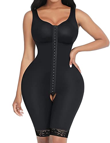 FeelinGirl Shapewear Damen Bauchweg Full Body Shaper mit 3 Haken Verstellbar Miederbody Stark Formend Ganzkörper Schenkel Schlankmacher Po Push Up Überbrust Schwarz L