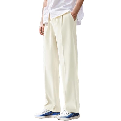 QWUVEDS Männlich Casual Einfache Lose Einfarbig Hosen Gerade EIS Seide Dünne Stil Drapieren Schlitz Casual Hosen Man Jogginghose (White, XL)