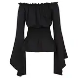 2025 Damen Elegantes Top Langarm Boho Bluse Tops Plus Size Shirt Gothic Rüschen Piratenrock Shirt Cosplay Kostüm Top Kurven Fußball (Black, S)
