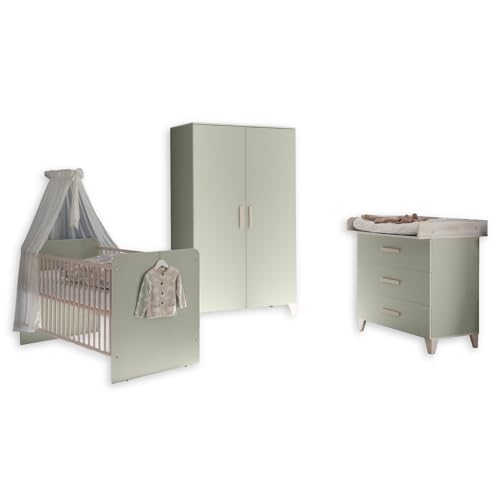 PRIZZI Babyzimmer Komplett-Set in Pastellgrün / Aurum Optik - Babyzimmer Möbel-Set 3-teilig bestehend aus Kleiderschrank, Babybett & Wickelkommode