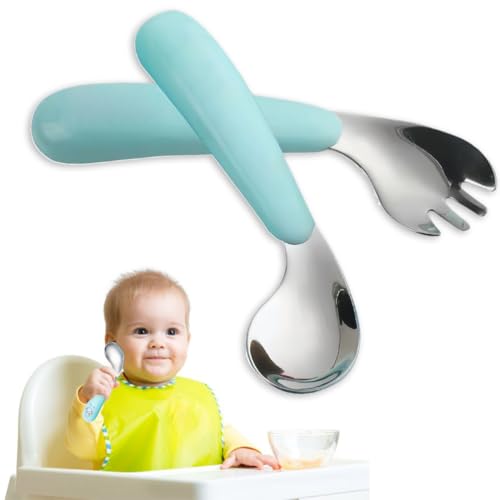 Kinder Besteck Set Gebogener Griff Training LöFfel Gabeln Edelstahl Baby LöFfel Gabel Gebogen FüTterlöFfel Baby LöFfel Gabel Set Griff HitzebestäNdig, Selbstlernende LernlöFfel (blau)