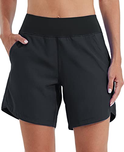 WILLIT Damen 7" Badeshorts Schwimmen Boardshorts Badehose Schnell Trocknend Bikini Shorts High Waisted Trunks UPF50+ UVA Schutz mit Liner Taschen Schwarz Größe 42