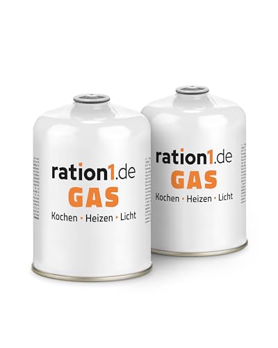 2X Gaskartusche á 450 g, Gaskartuschen Set von ration1, EN 417 Schraubkartusche, Ventilkartusche, Butan-Propan-Kartusche mit Gewinde für Campingkocher