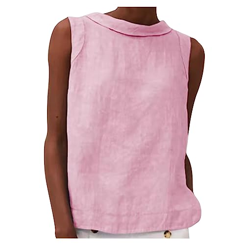 Baumwoll-Leinen-Oberteil für Damen, ärmellos, Basic-Sommer-Tank-Top, lässiger Rundhalsausschnitt, lockere Passform, bequemes T-Shirt Damen-Tanktop aus Leinen, einfarbig, großer fallender Kragen